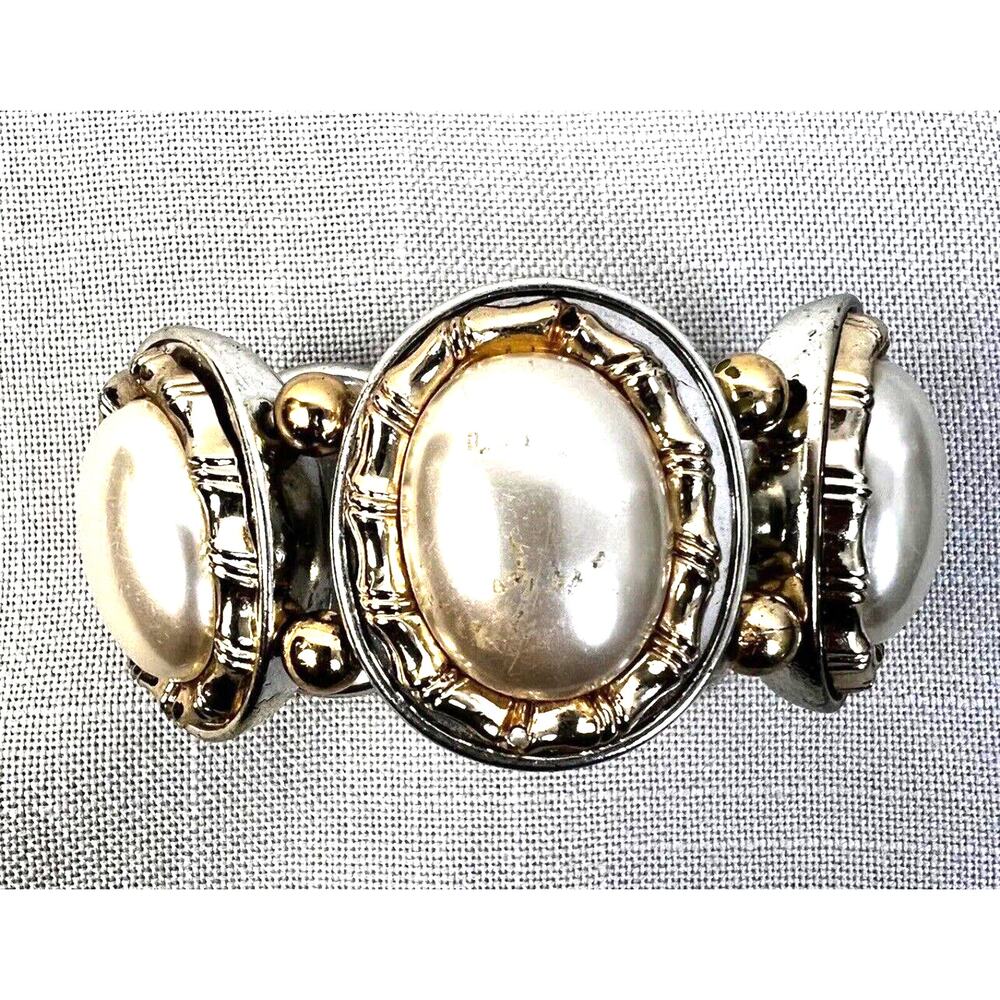 Wide Costume Jewelry Bracelet Gold White Stretch Mob Wife Glam Party Fashion